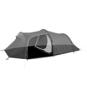 Tunnel-style camping tent with the front vestibule open to show the inner mesh sleeping compartment, staked out with guy lines and a low black groundsheet.