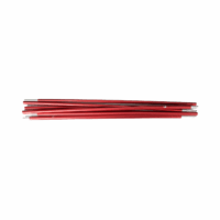 Several red anodised aluminium tent pole sections with silver ferrules stacked horizontally on a white background.