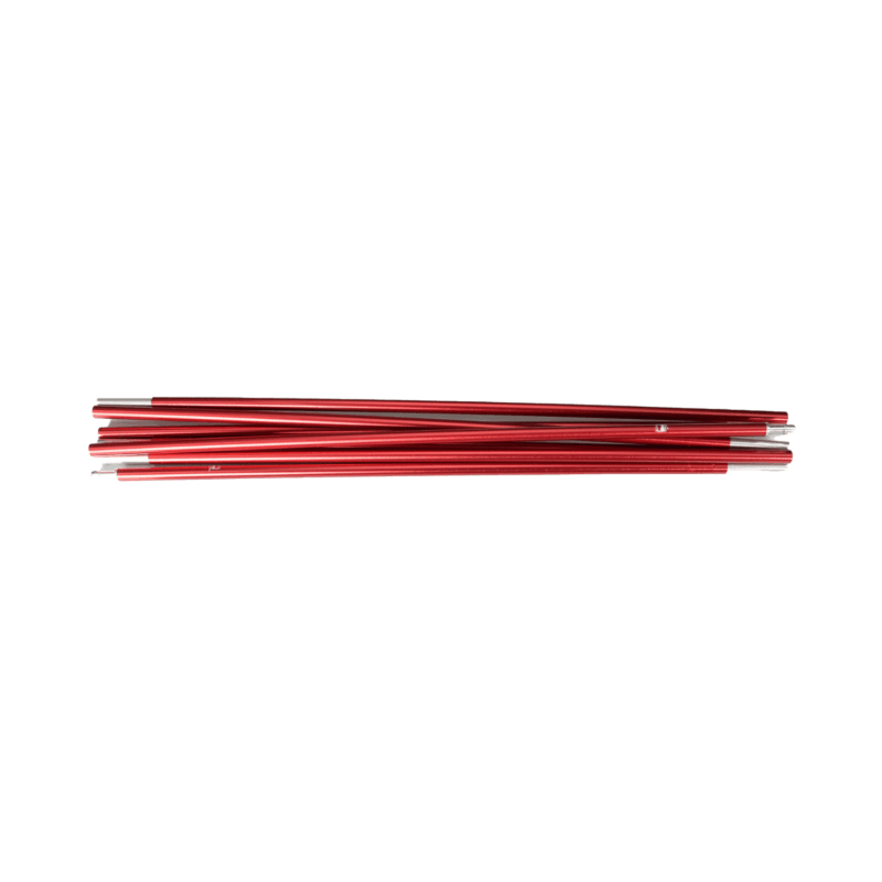 Blizzard-3-red-pole-3.png Several red anodised aluminium tent pole sections with silver ferrules stacked horizontally on a white background.