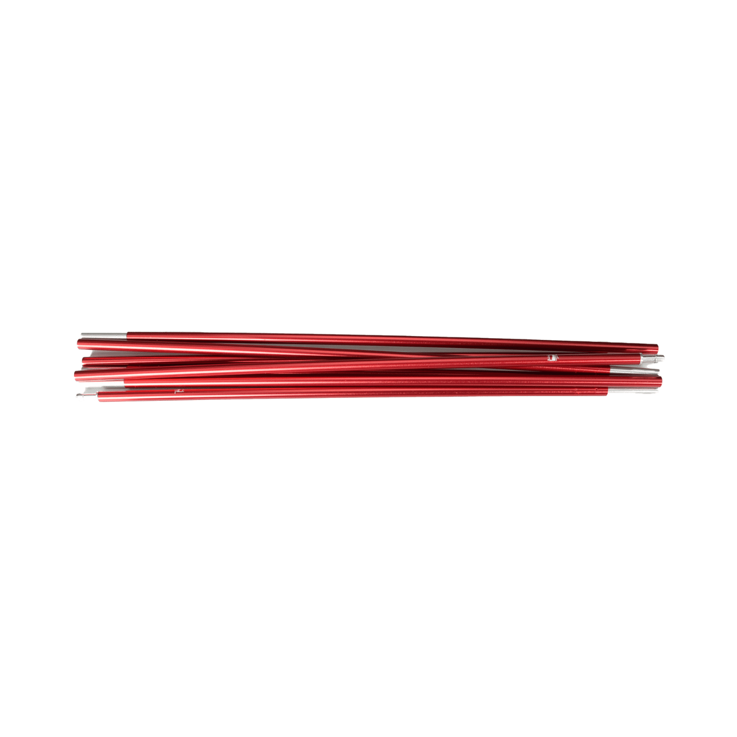 Several red anodised aluminium tent pole sections with silver ferrules stacked horizontally on a white background.