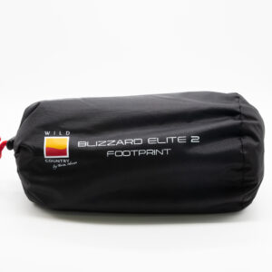 Black cylindrical stuff sack on a white background labelled 'Blizzard Elite 2 Footprint' with a small Wild Country by Terra Nova logo and a red drawstring