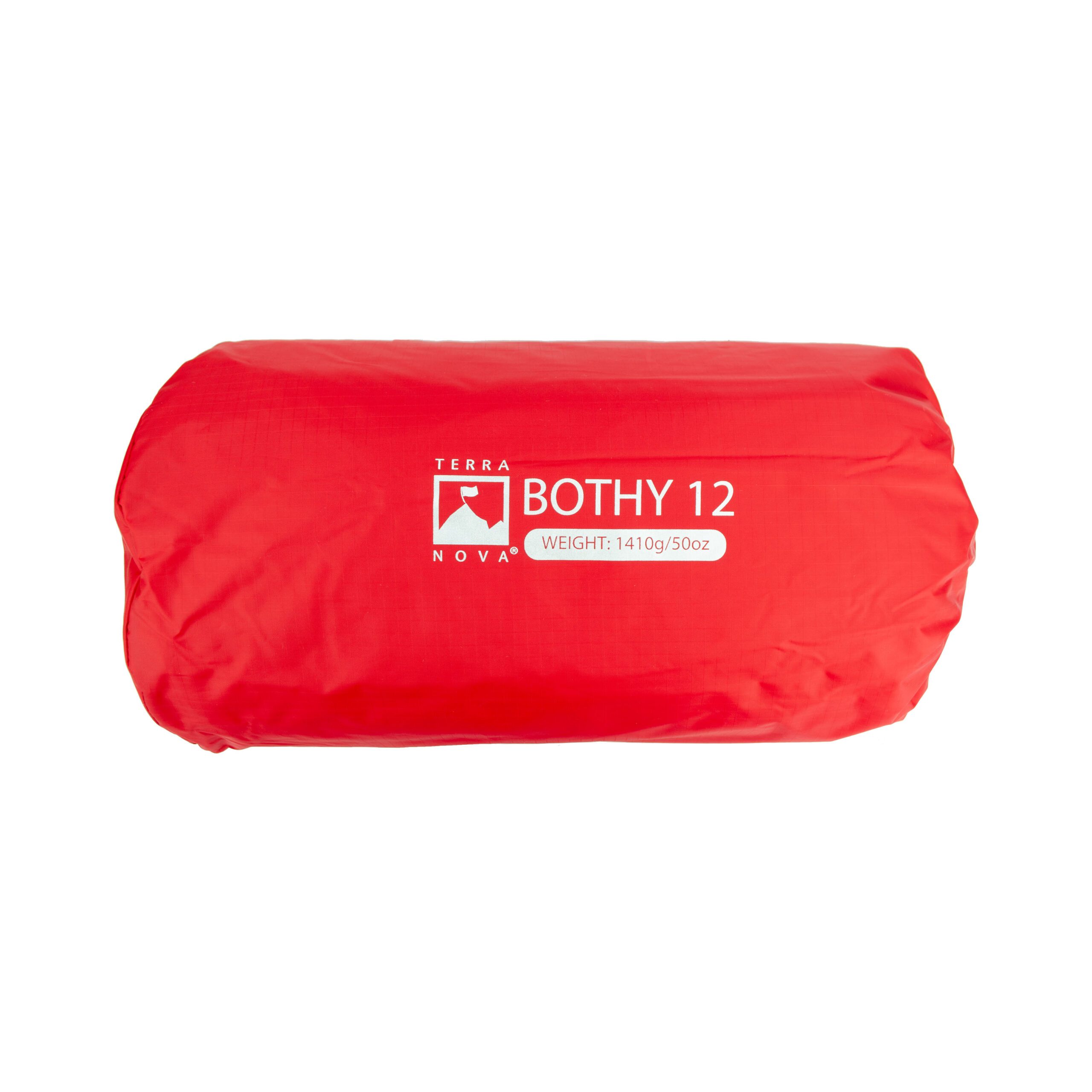 Bothy-12-scaled-4.jpg Red cylindrical compression bag on a white background with white 'Terra Nova BOTHY 12' logo and weight label reading 1410g/50oz