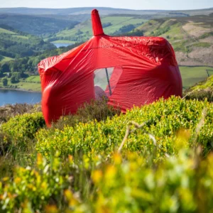 A bright red tent wrapped in a taut protective cover sits among green heather on a sunlit moorland slope, overlooking a blue reservoir and patchwork rolling hills.