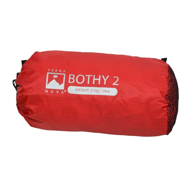Bothy-2-pack-1500px-96dpi-1.jpg Red cylindrical stuff sack with a drawstring and black mesh end, labelled Terra Nova BOTHY 2 with printed weight 370g / 14oz.