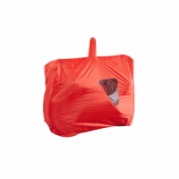 Red protective cover with a central top carrying handle and a triangular transparent window revealing dark material underneath.
