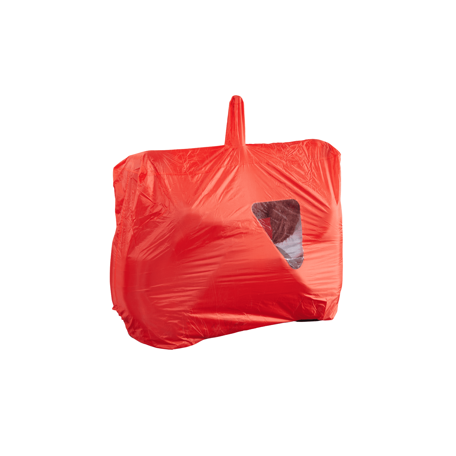 Bothy-2_1500px_72dpi-3.png Red protective cover with a central top carrying handle and a triangular transparent window revealing dark material underneath.