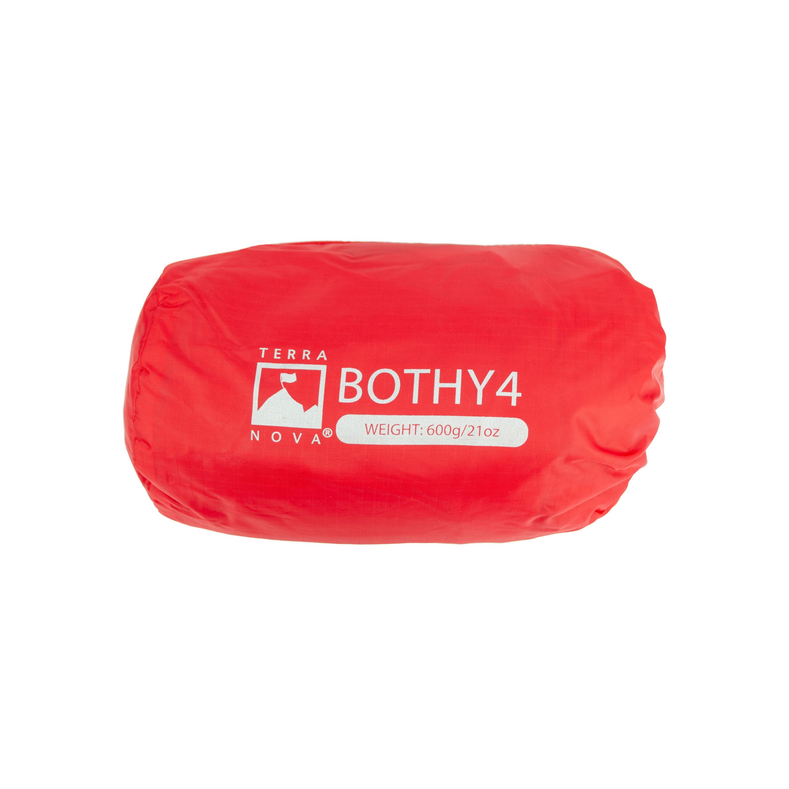 Bothy-4-scaled-4.jpg Red oval storage sack with white Terra Nova logo and text reading 'BOTHY4' and 'WEIGHT: 600g/21oz' printed on the side, shown on a white background
