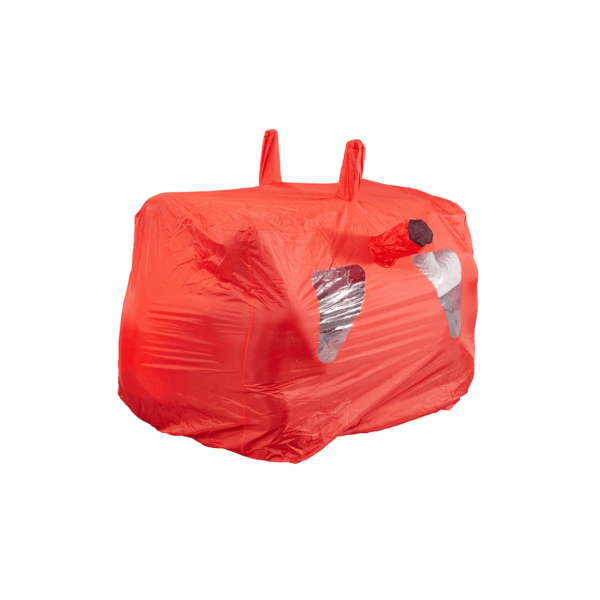 Red cuboid-shaped plastic cover with two upright loops on top, a short tubular nozzle at the front and two triangular clear windows revealing a silver interior, isolated on a white background