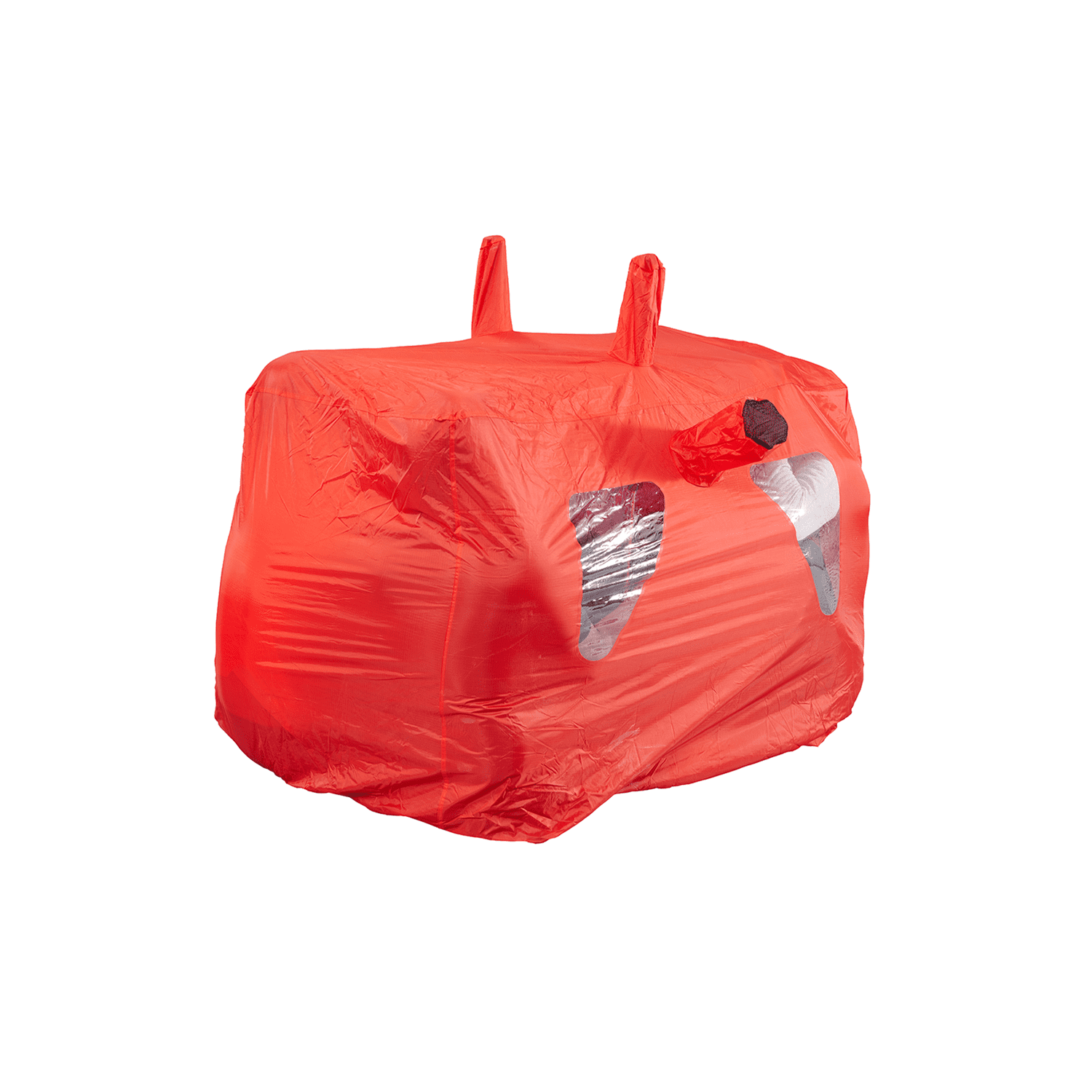 Bothy-4_1500px_72dpi-3.png Red cuboid-shaped plastic cover with two upright loops on top, a short tubular nozzle at the front and two triangular clear windows revealing a silver interior, isolated on a white background