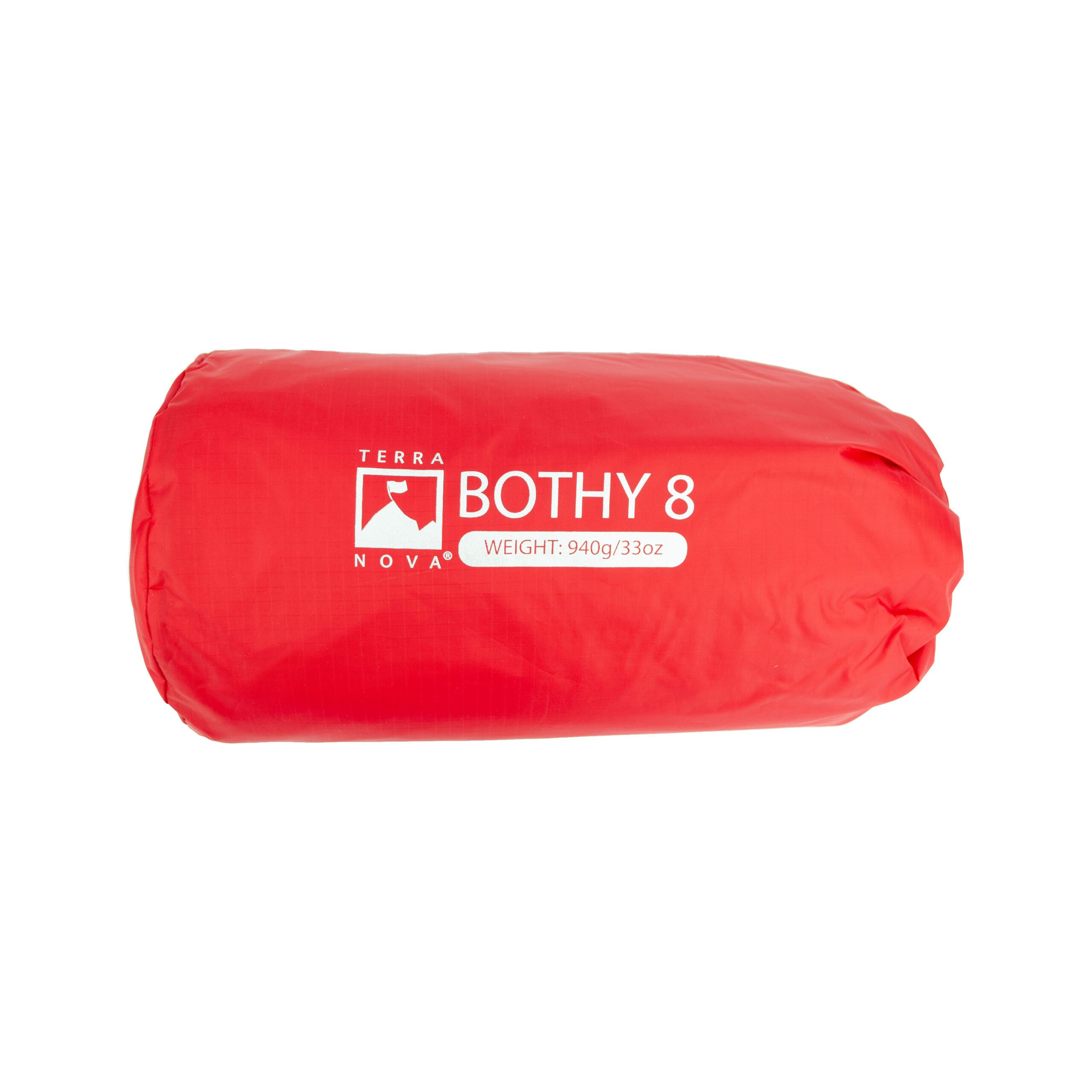 Bothy-8-scaled-4.jpg Red cylindrical stuff sack on a white background with a white 'Terra Nova BOTHY 8' logo and 'WEIGHT: 940g/33oz' printed on the side.