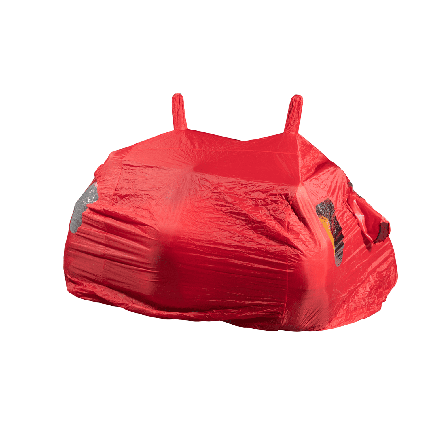 Bothy-8_1500px_72dpi-3.png A small car tightly draped in bright red stretch fabric, with outlines of headlights, side mirrors and two short upright roof loops showing through the taut material on a plain white background.