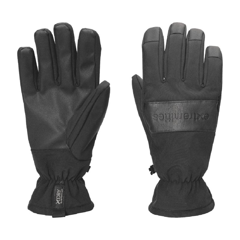 Bullet-Glove-Back-and-Palm_1500px_72dpi-3.png Pair of black insulated winter gloves laid flat on a white background, left glove showing a textured synthetic-leather palm and an elasticated cuff with an XDRY tag, right glove showing the back with a horizontal leather-look logo patch and slightly padded fingertips.