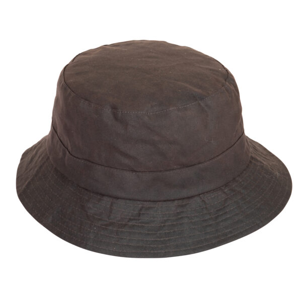 Dark brown cotton bucket hat with a stitched, downward-sloping brim, photographed against a white background.
