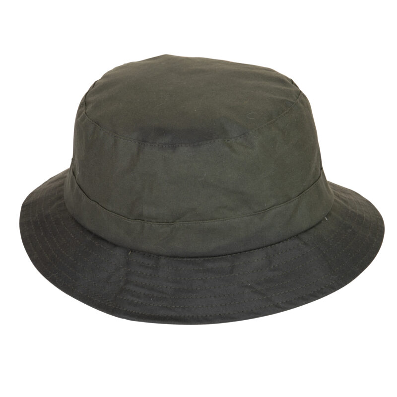 Burghley-Hat-Khaki-Cut-Out-300dpi-1.jpg Dark olive-green bucket hat with a short stitched brim and a plain round crown