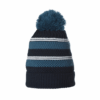 Capelle-Beanie-1500x1500-1-1.png Knitted navy and teal striped winter beanie with thin white bands, a ribbed cuff and a large teal pom-pom on top.