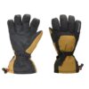 Capitol-Peak-Back-and-Palm_1500px_300dpi-1-3.jpg Left glove shown palm-side and right glove shown back-side: insulated black and mustard-brown winter gloves with long gauntlet cuffs, an adjustable wrist strap and reinforced textured palms.