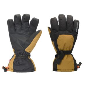 Capitol-Peak-Back-and-Palm_1500px_300dpi-1-3.jpg Left glove shown palm-side and right glove shown back-side: insulated black and mustard-brown winter gloves with long gauntlet cuffs, an adjustable wrist strap and reinforced textured palms.