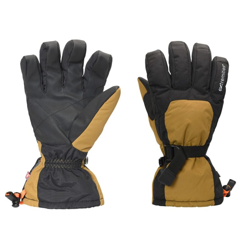 Left glove shown palm-side and right glove shown back-side: insulated black and mustard-brown winter gloves with long gauntlet cuffs, an adjustable wrist strap and reinforced textured palms.
