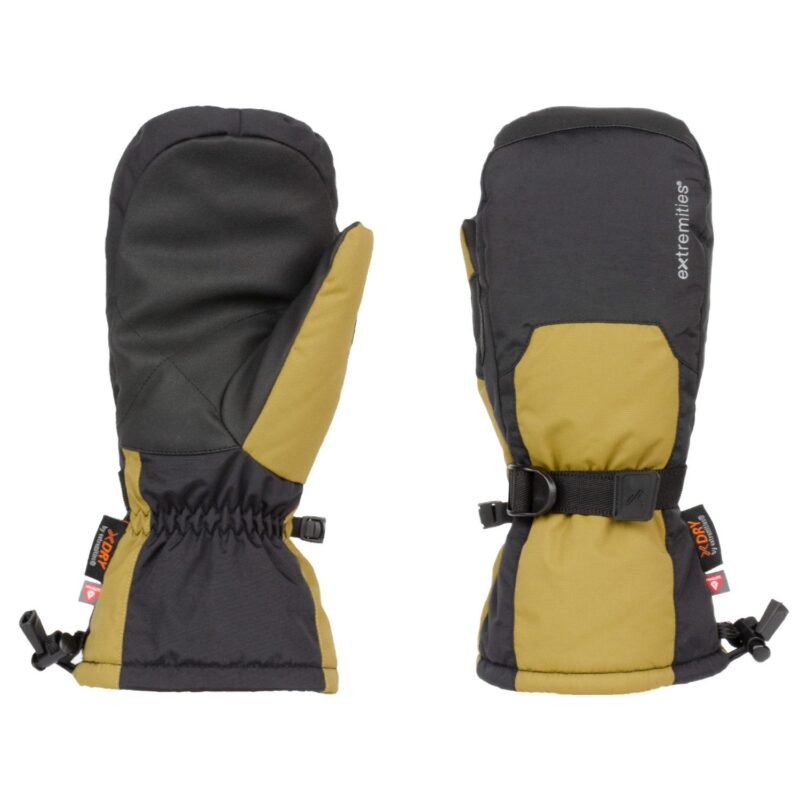 Pair of black and olive-green insulated winter mittens with long gauntlet cuffs, elasticated wrists and adjustable wrist straps, one showing the palm and the other the back with a small brand logo.