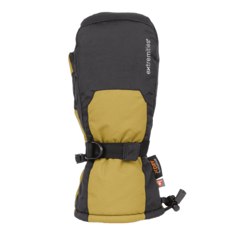 Single long winter mitten in black and mustard yellow with the 'extremities' logo on the back, padded gauntlet, adjustable wrist strap and drawcord toggle at the cuff against a white background.