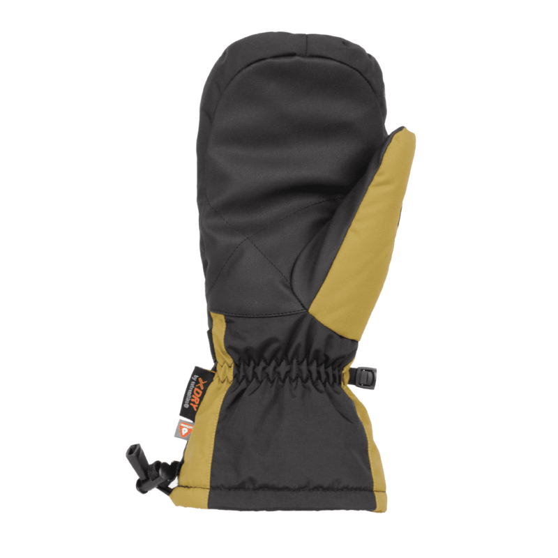 Black and mustard-yellow insulated winter mitten shown flat, with a padded palm, elasticated wrist, adjustable toggle and a small clip on the cuff.