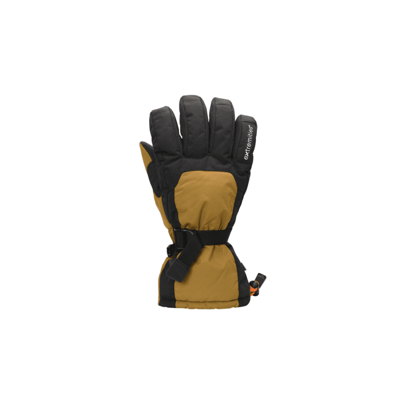 Insulated black and mustard winter glove with padded fingers, adjustable wrist strap and long gauntlet cuff, with 'extremities' logo on the index-finger area.