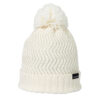Cream knitted beanie with a fluffy pom‑pom, chevron zigzag stitch pattern and folded ribbed cuff with a small black brand tag