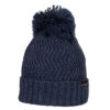 Dark navy knitted winter beanie with a folded ribbed cuff, chevron stitch pattern and a large fluffy pom-pom on top, with a small black brand tag on the cuff.
