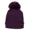Deep purple knitted beanie with a large fluffy pom-pom, chevron zigzag stitch pattern, ribbed folded cuff and small black brand label on the brim.