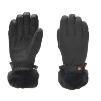 Pair of black insulated winter gloves shown side by side — left glove palm up and right glove back up — with quilted fabric on the back, elasticated wrist with a small strap and button, and plush black faux-fur cuffs.