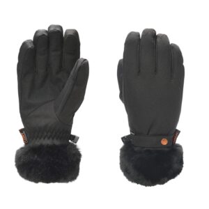 Chamonix-Glove-Back-and-Palm_1500px_300dpi-1-3.jpg Pair of black insulated winter gloves shown side by side — left glove palm up and right glove back up — with quilted fabric on the back, elasticated wrist with a small strap and button, and plush black faux-fur cuffs.