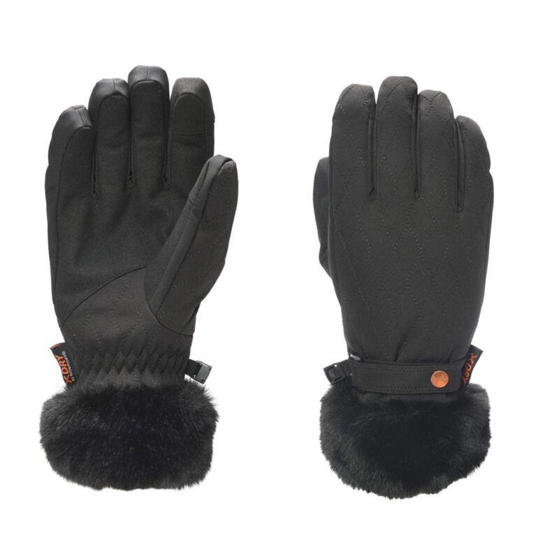 Chamonix-Glove-Back-and-Palm_1500px_300dpi-1-3.jpg Pair of black insulated winter gloves shown side by side — left glove palm up and right glove back up — with quilted fabric on the back, elasticated wrist with a small strap and button, and plush black faux-fur cuffs.