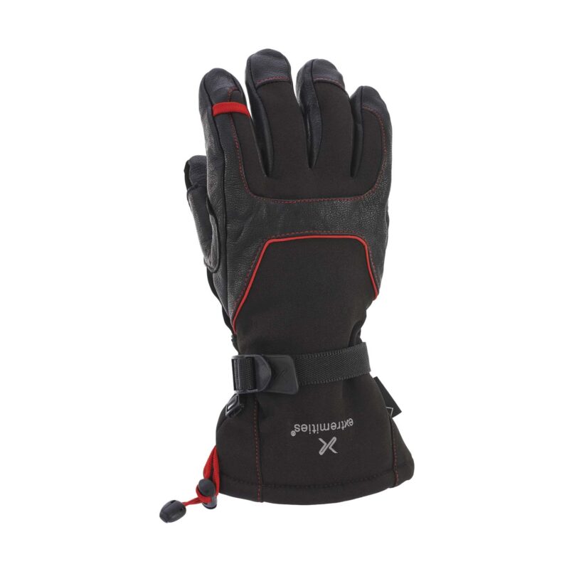 Cloud-peak-web-1.jpg Black insulated winter glove with red piping and reinforced textured leather palm, adjustable wrist strap and red drawcord cuff, shown upright on a white background.
