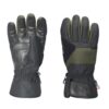Commando-Glove-Back-and-Palm_1500px_300dpi-1-3.jpg Pair of insulated black and olive-green winter gloves: left glove shown palm-side with leather palm, reinforced thumb and stitched panels; right glove shown back-side with fabric back, padded hand panel, elasticated gauntlet cuff and adjustable wrist strap.