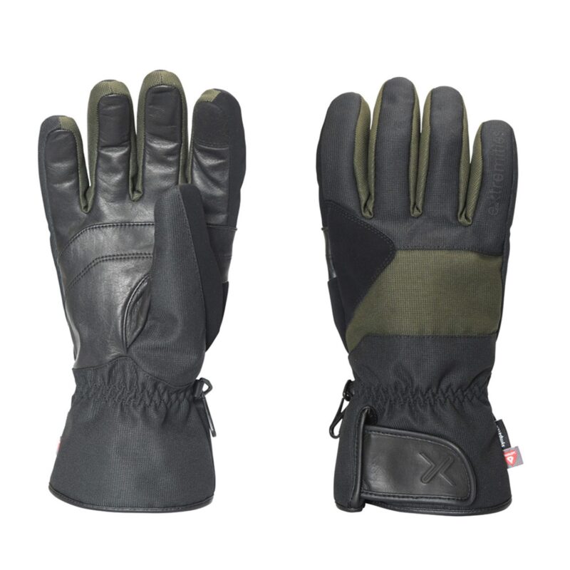 Pair of insulated black and olive-green winter gloves: left glove shown palm-side with leather palm, reinforced thumb and stitched panels; right glove shown back-side with fabric back, padded hand panel, elasticated gauntlet cuff and adjustable wrist strap.