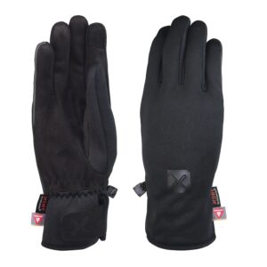 Commuter-Glove-LR-3.jpg Pair of black winter gloves with long cuffs and adjustable Velcro wrist straps, left glove shown palm-up with textured grip and tag, right glove shown back-up displaying a subtle brand logo and small label tags.