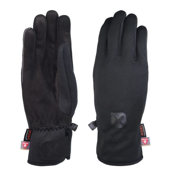 Commuter-Glove-LR-3.jpg Pair of black winter gloves with long cuffs and adjustable Velcro wrist straps, left glove shown palm-up with textured grip and tag, right glove shown back-up displaying a subtle brand logo and small label tags.