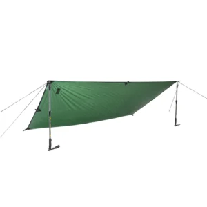 Competition-tarp-1-square-4.jpg Green rectangular camping tarp pitched as a low lean-to shelter, stretched between two adjustable trekking poles and secured with guy lines and stake points
