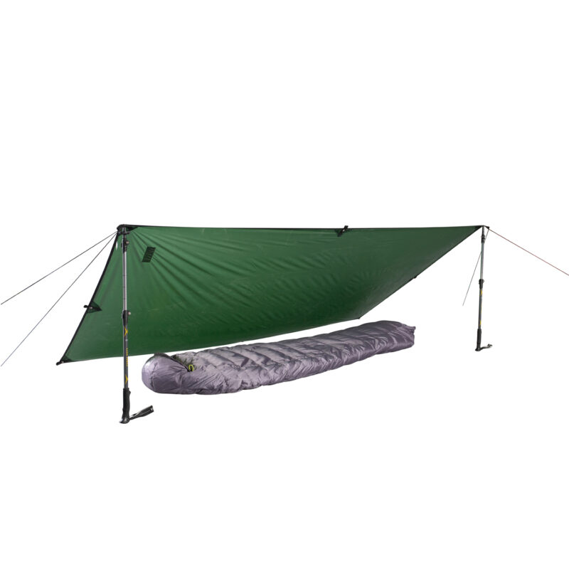 Competition-tarp-1-with-sleeping-bag-square-3.jpg Green tarp pitched as an A-frame using two trekking poles and guy lines, sheltering a grey mummy-style sleeping bag on a white background.