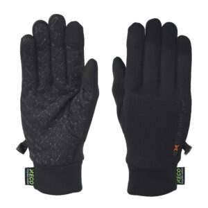 Contact-Power-Liners-3.jpg Pair of black gloves laid flat—left glove palm up with raised X-pattern silicone grip and touchscreen-friendly thumb/index tips, right glove back up with a small orange logo and elastic cuffs showing green 'XECO recycled content' tags.