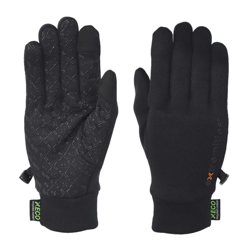 Contact-Power-Liners-3.jpg Pair of black gloves laid flat—left glove palm up with raised X-pattern silicone grip and touchscreen-friendly thumb/index tips, right glove back up with a small orange logo and elastic cuffs showing green 'XECO recycled content' tags.
