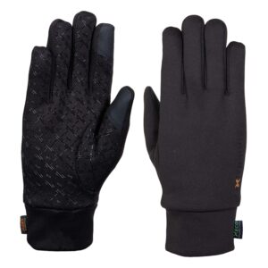 Contact-Waterproof-Power-Liner-scaled-4.jpg Pair of black touchscreen-friendly gloves laid flat, left glove showing a textured rubberised X-pattern grip on the palm and reinforced thumb, right glove showing a smooth back with a fitted wrist cuff and small fabric brand tags.