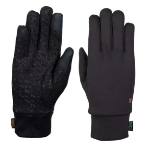 Pair of black touchscreen-friendly gloves laid flat, left glove showing a textured rubberised X-pattern grip on the palm and reinforced thumb, right glove showing a smooth back with a fitted wrist cuff and small fabric brand tags.