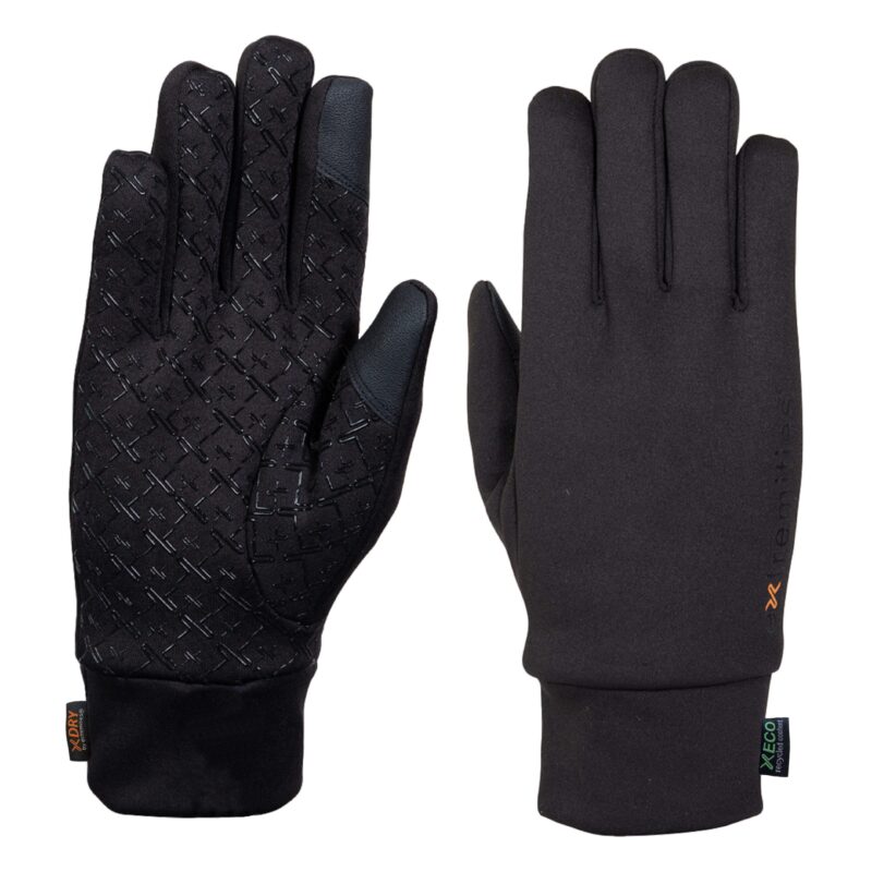 Contact-Waterproof-Power-Liner-scaled-4.jpg Pair of black touchscreen-friendly gloves laid flat, left glove showing a textured rubberised X-pattern grip on the palm and reinforced thumb, right glove showing a smooth back with a fitted wrist cuff and small fabric brand tags.