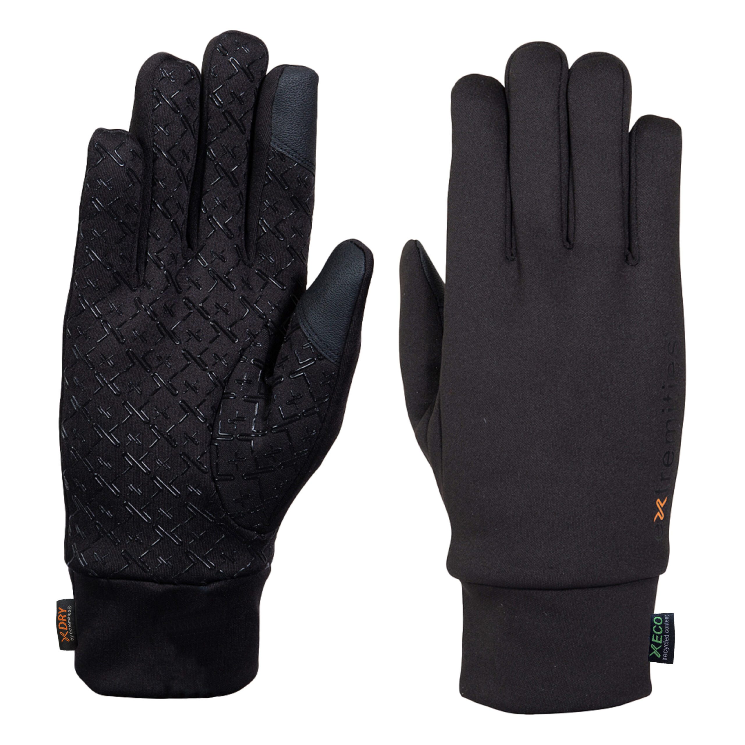 Pair of black touchscreen-friendly gloves laid flat, left glove showing a textured rubberised X-pattern grip on the palm and reinforced thumb, right glove showing a smooth back with a fitted wrist cuff and small fabric brand tags.