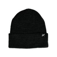 Black ribbed knit beanie with a folded cuff and a small white embroidered X logo on the right side, displayed on a plain white background.