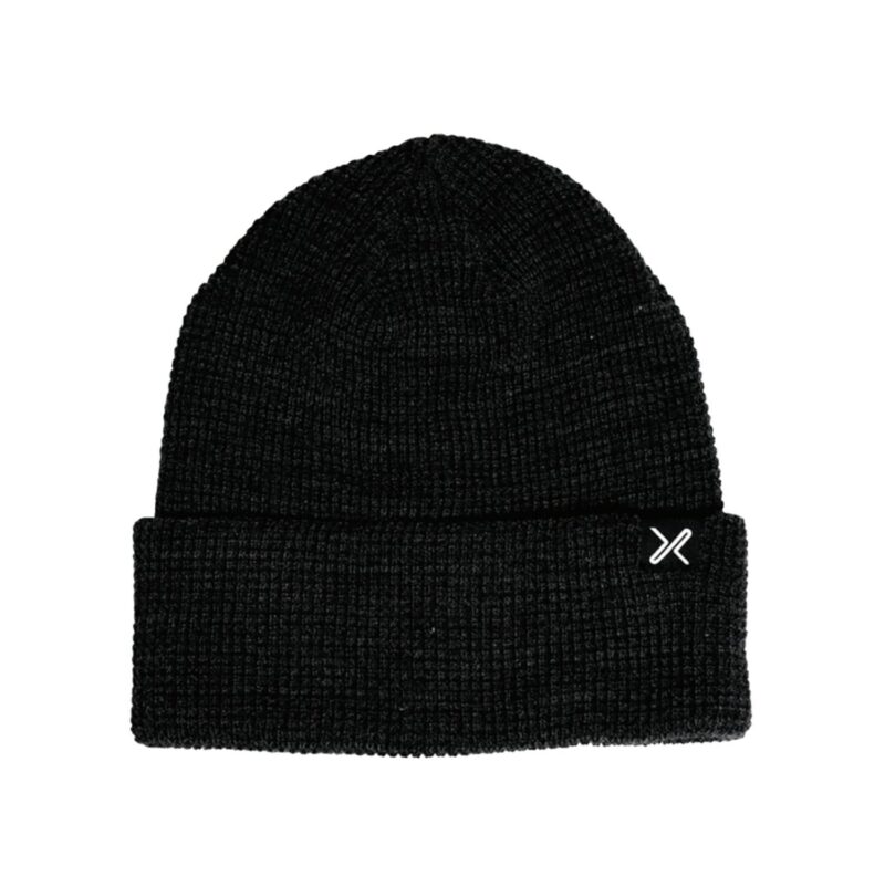 Contour-Waterproof-Eco-Polylana-Beanie_1500px_72dpi-1.jpg Black ribbed knit beanie with a folded cuff and a small white embroidered X logo on the right side, displayed on a plain white background.