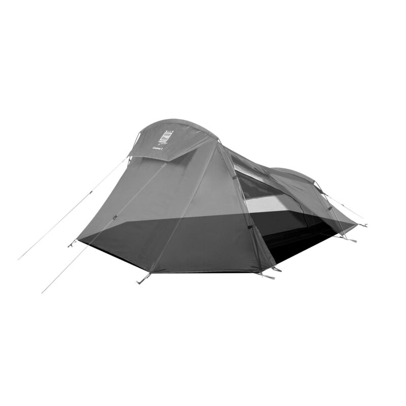 Coshee-2-3.jpg Two-person freestanding dome tent pitched with rainfly and guylines, one side partially open to reveal an inner mesh door and dark bathtub-style floor.
