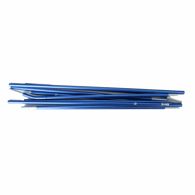 Coshee-2-Blue-Pole-3.png Multiple blue aluminium tent pole segments with small metal connectors, stacked horizontally on a plain white background.