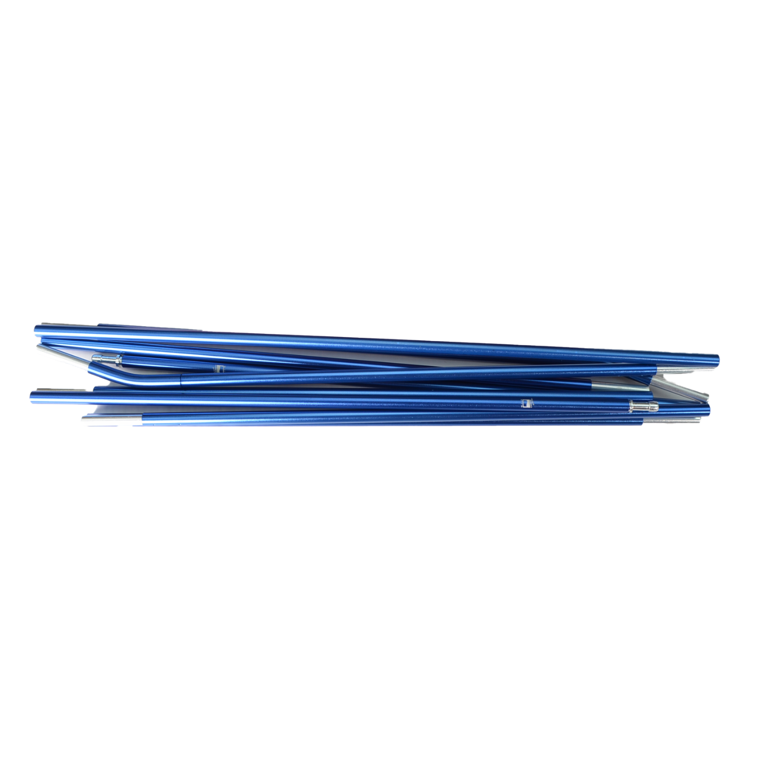 Coshee-2-Blue-Pole-3.png Multiple blue aluminium tent pole segments with small metal connectors, stacked horizontally on a plain white background.